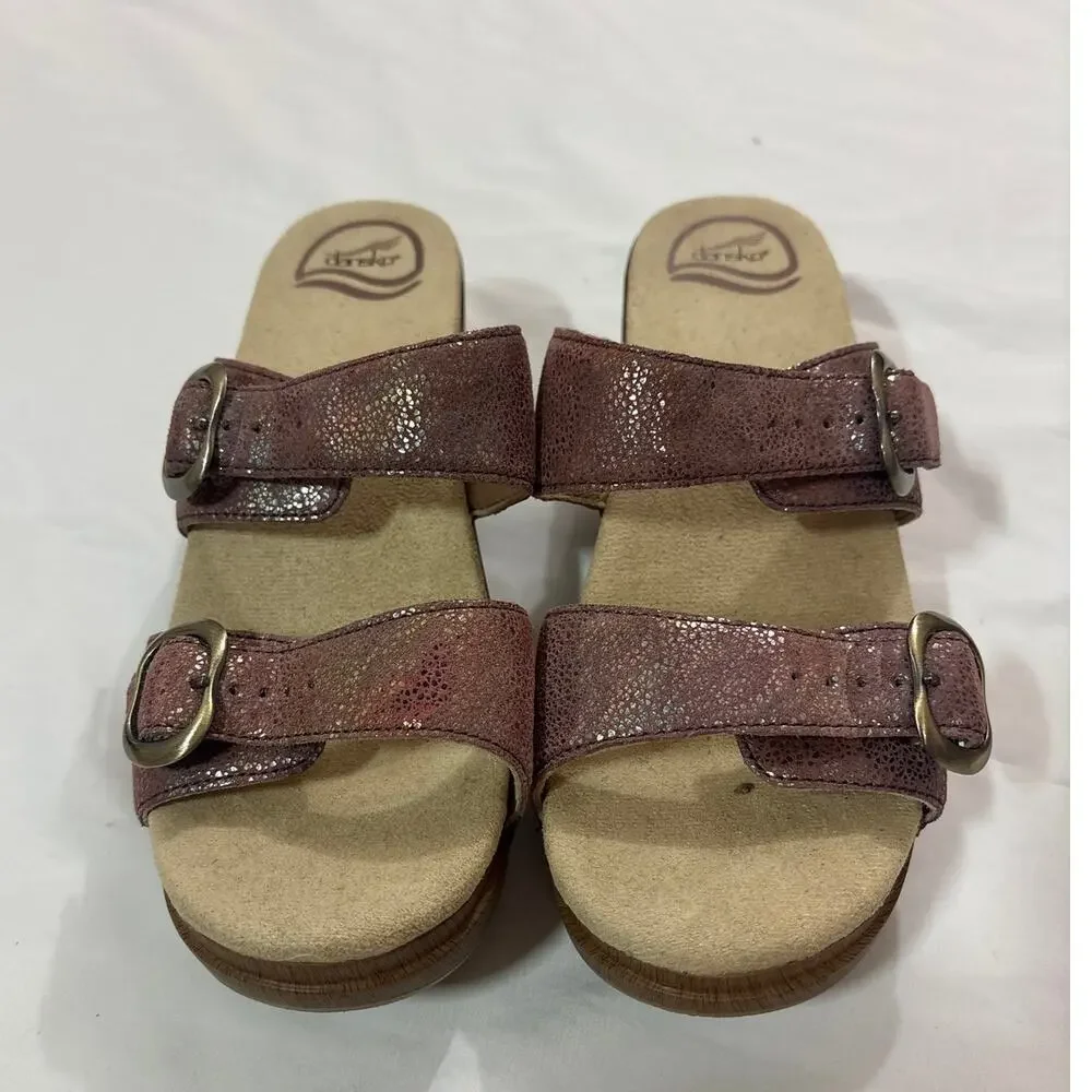 Dansko Womens 38 8 Sophie Iridescent Slide Sandal Buckle Strap Metallic Comfy